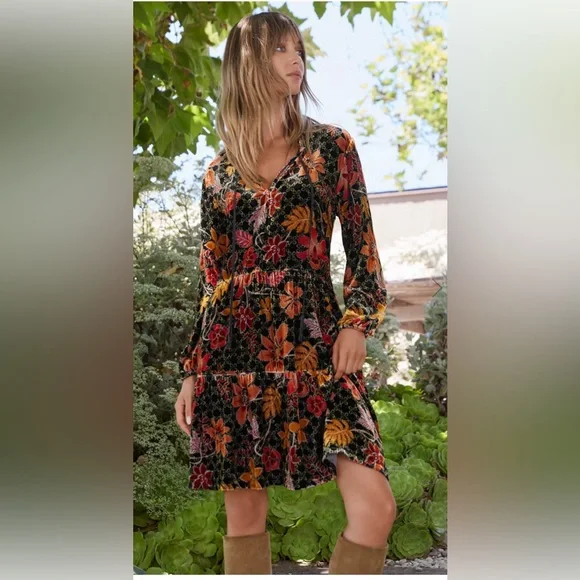 Johnny Was Silk Blend Jasmoon Flore Velvet Field Tiered Dress Tassels - Picture 5 of 11